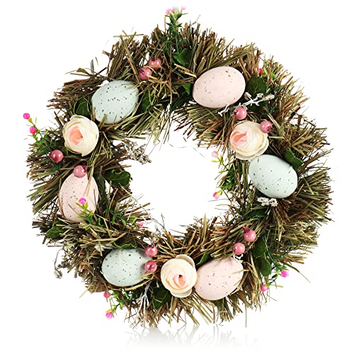 com-four® Osterkranz mit Blumen und Eiern, dekorativer Tischkranz, Türkranz mit Aufhänger