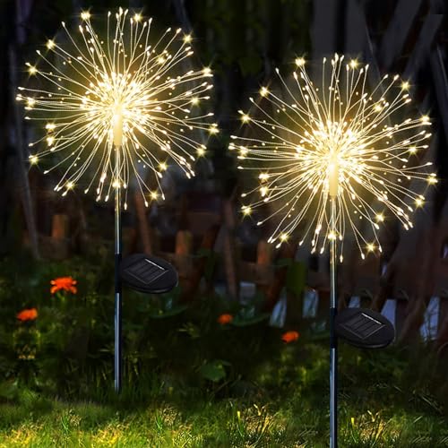 yowin Gartendeko Solarleuchten für Außen, 2 Stück 120 LED Solarlichter Pusteblume, 8 Modi Solarstecker Gartenbeleuchtung Wetterfest Solarlampen Feuerwerk für Garten Balkon Terrasse Blumenkästen Deko