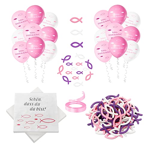 32 Stück Servietten Fisch Rosa Türkis +60 Stücke Holz Fische Deko+18 Luftballons , Taufdeko , Servietten für Mädchen Konfirmation Kommunion Taufe Tischdeko, Servietten Taufdeko Tisch Deko (Rosa)