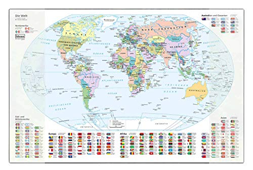 Idena 10447 - Schreibtischunterlage mit zwei Einstecktaschen, Weltkarte, ca. 58,5 x 38,5 cm groß, praktisches Zubehör für Kinder-, Jugend- und Arbeitszimmer