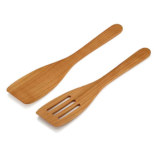 Linnuo Pfannenwender Holz 2er Set 30cm - Schutz vor Kratzer für Pfanne - Küchenhelfer aus edlem Kirschholz - Hitzebeständig, Antibakteriell - 100% EU Naturprodukt - Plastikfrei & Gesund - Spatula