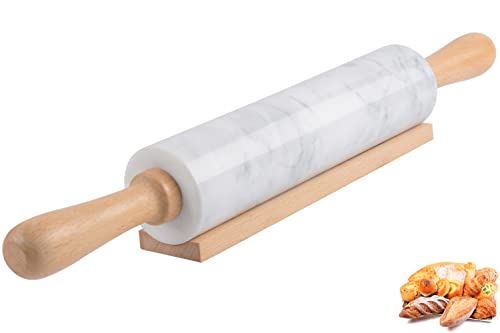 Marmor-Nudelholz mit Holzwiege, dicker Griff, Set zum Backen, 47 cm, hochwertige polierte Walze für Pizzateig, Fondant, Kuchenkruste, antihaftbeschichtete Oberfläche, leicht zu reinigen, Weiß