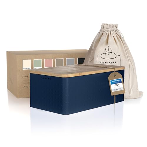 LARS NYSØM Brotkasten I Brotbox aus Metall mit Brotsack aus Leinen für langanhaltende Frische I Brotdose mit hochwertigem Bambusdeckel verwendbar als Schneidebrett I 34x18,5x13,5cm (Midnight Blue)