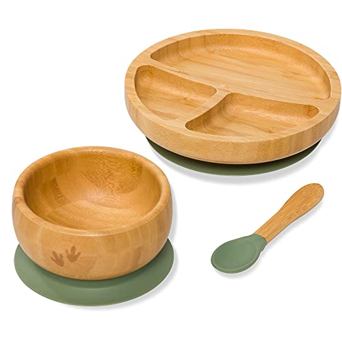 Bubba Bear™ Baby Set mit Saugnapf-Schüssel, Standfeste Saug-Fütter-Teller und Löffel für Babys & Kleinkinder | kostenloses E-Book: der Bubba Bear Weaning | aus natürlichem bamboo Grün