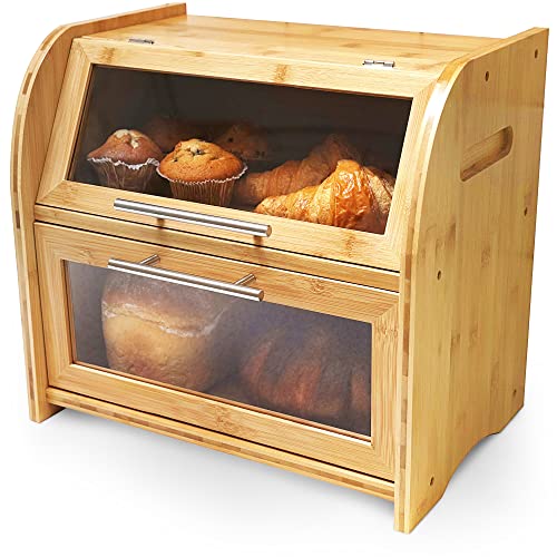 Arise Bambus Brotkasten mit Belüftung, Großer Brotaufbewahrungsbehälter, 2 Regale und Sichtfenster, Holz Brotbehälter für Hörnchen, Brötchen, Brotaufbewahrung. 40 x 26 x 37 Brotbox - Selbstmontage