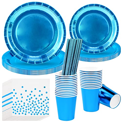 BLLREMIPSUR 99 Stück Einweggeschirr Papier Set, Blue Partygeschirr Kindergeburtstag Set, Der blaue Hintergrund verbessert Ihr Tabellenlayout und passt zu jedem Party-Thema (Blue)