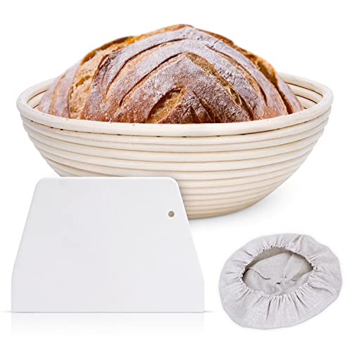 Clheatky Gärkörbchen Rund, ø 25 cm, Höhe 8.5 cm Gärkorb Set Aus Natürlichem Peddigrohr Proofing Basket Brotkörbchen Brotform für Brot Backen Fasst 1kg Teig mit 1 Leineneinsätze(Rund)