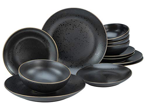 CreaTable, 22707, Serie Industrial Gold BLACK, 12-teiliges Geschirrset, Teller Set aus Steinzeug, spülmaschinen- und mikrowellengeeignet, Qualitätsproduktion