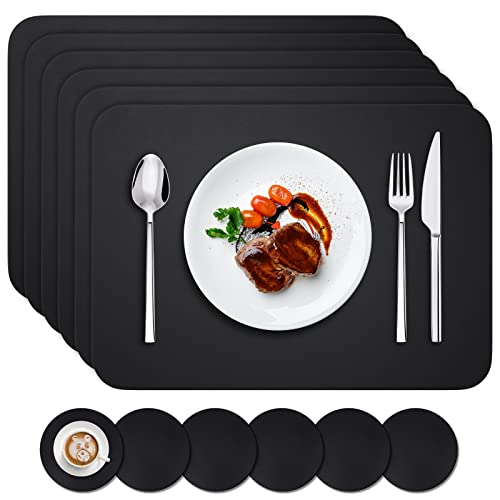 BANNIO 6er Set Tischsets Abwaschbar,Abwischbar Lederoptik Platzset und Untersetzer,Wasserdicht PVC Platzdeckchen Tischset für Hause Küche Restaurant und Hotel,41x31cm,Schwarz