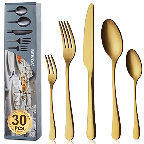 BEWOS Besteck Set für 6 Personen, 30 teilig Titanium Gold Essbesteck Set inkl. Messer, Gabel, Löffel, Besteck Edelstahl, Spülmaschinenfest (Matt Gold)