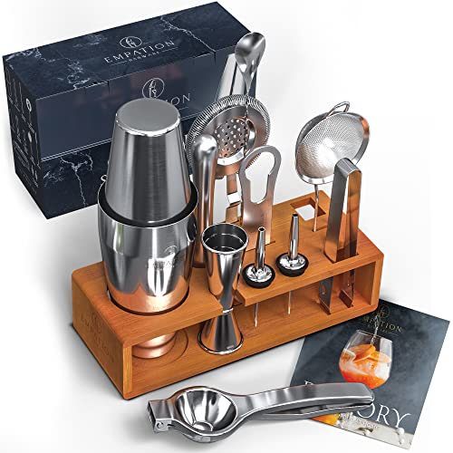 EMPATION Cocktail Set [TESTSIEGER] 825ml Boston Cocktail Shaker aus Edelstahl, leicht zu öffnen & kein Verklemmen, Profi Cocktail Shaker Set mit Ständer & Rezeptbuch, Cocktail Mix Set für Barkeeper