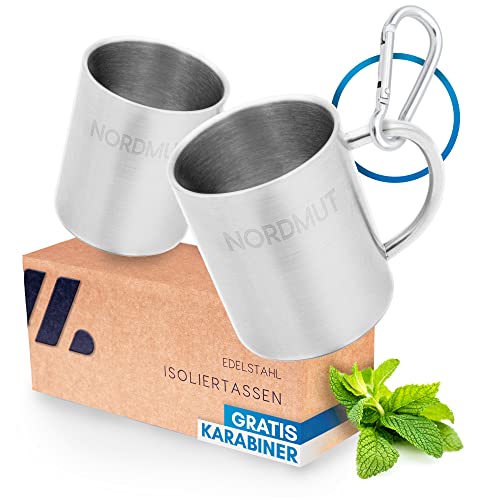 NORDMUT® Edelstahl Thermobecher [2er Set] Camping Tasse | nachhaltige Edelstahl Tasse | Kaffeetasse doppelwandig isoliert und BPA frei | Tassen Set für Camping & Outdoor [2 x 300 ml]