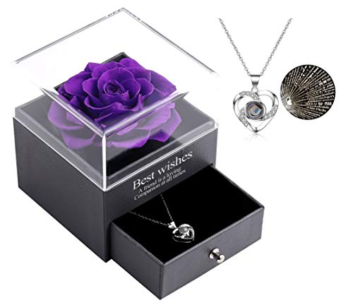 Eaprala Ewige echte Rose mit I Love You Halskette 100 Sprachen Schmuck Geschenkbox Ewige echte Rose für Valentinstag Muttertag Hochzeit Jahrestag Geburtstag Geschenk für sie (Lila)