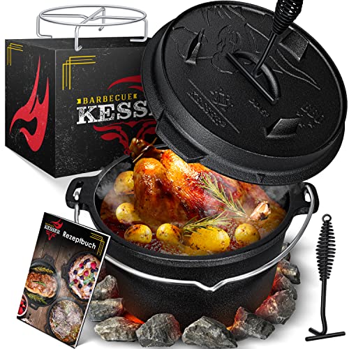 KESSER® Dutch Oven Set BBQ 9 Liter, Feuertopf Schmortopf mit Füßen, Gusseisen Topf mit Deckelheber Henkel und Schlitz für Themormeter, kochkessel Grilltopf Gulaschkessel für Oudoor & Indoor