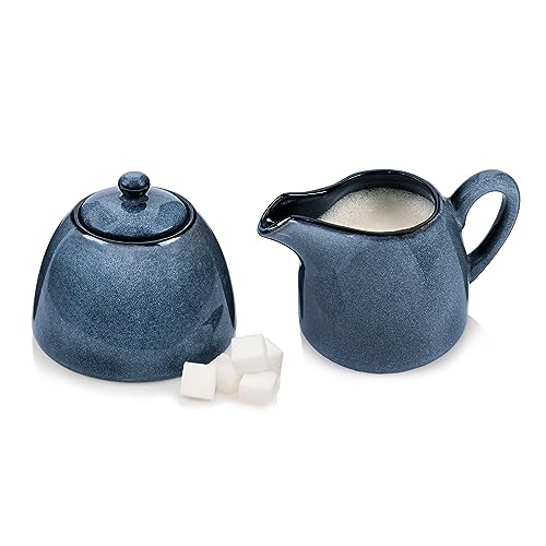 Sänger | Milch und Zucker Set Darwin 3 TLG, Zuckerdose und Milchkännchen Set Steingut, Zuckerdose mit Deckel und Milchkanne, Milchbehälter und Zuckerdosierer Handmade, Zuckerbehälter Blau