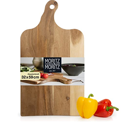 Moritz & Moritz großes Servierbrett Holz mit Griff - 59x32x2 cm - Antibakterielles Akazienholz Brett als Frühstücksbrettchen, Servier Holzbrett oder Käseplatte