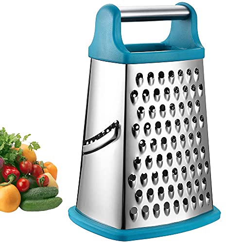 4-seitige Reibe Edelstahl，Küchenreibe zum groben und feinem Raspeln, für Obst, Gemüse, Karotten, Käse, spülmaschinengeeignet - Hellblau