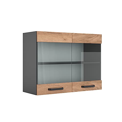 Vicco Küchenschrank Glas R-Line, Goldkraft Eiche/Anthrazit, 80 cm