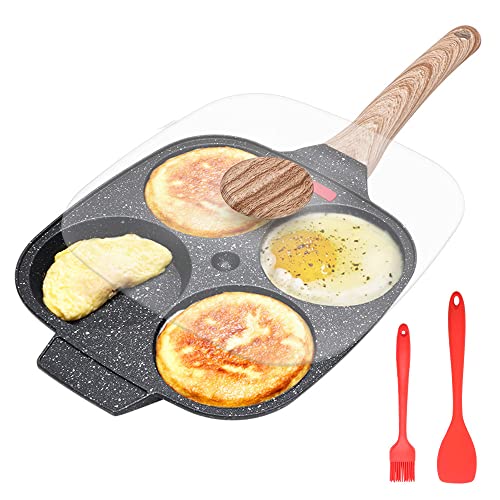 Bobikuke Spiegeleipfanne, Pancake Pfanne mit Deckel 4 Loch Augenpfanne Antihaft-Aluminium Pfanne für Frühstück, für Induktion & Gasherd