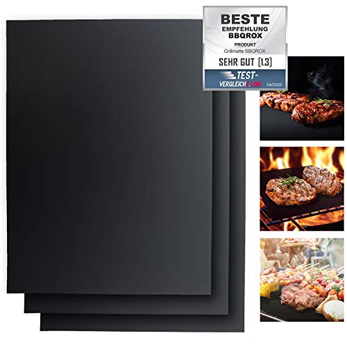 BBQROX Grillmatten 3er Set [50x40cm bis 300°C] | Vergleichssieger 2024 | Für Gasgrill, Holzkohlegrill, Elektrogrill & Backofen | Wiederverwendbare & Antihaft Grillunterlage | Schwarz