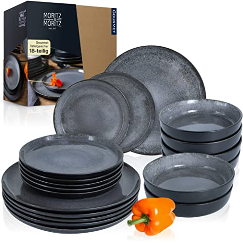 Moritz & Moritz VIDA Geschirrset 6 Personen Anthrazit 18-tlg. - Modernes Porzellan Geschirr Set - Kratz-, Mikrowellen- & Spülmaschinenfest, Essgeschirr, Tafelservice, Kombiservice 6 Personen