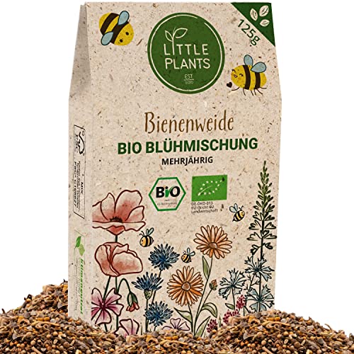 Little Plants Bienenweide - 125g Bio Samen Bienenwiese - Blumenwiese Samen mehrjährig winterhart - Enthält 19 Sorten Wildblumensamen und Kräutersamen - Bienenwiese Saatgut - Nachhaltig verpackt