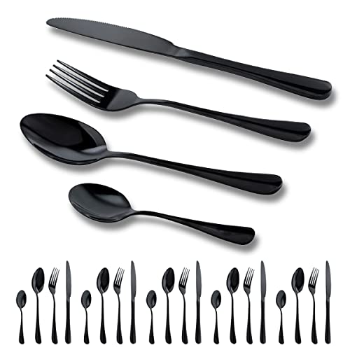 Schwarz Besteck Set 6 Personen,24 Teilig Besteckset，Inkl Messer,Gabel LöFfel Und DessertlöFfel,Besteck Edelstahl Spiegelpoliert SpüLmaschinenfest,Schwarzes Matt Farbe