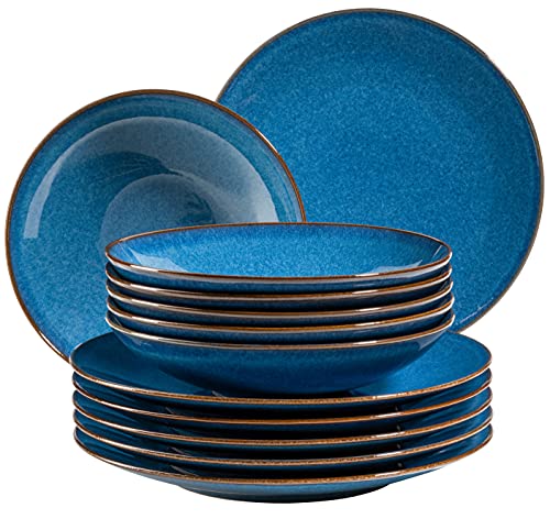 MÄSER 931946 Serie Ossia Teller-Set für 6 Personen im mediterranen Vintage-Look, 12-teiliges modernes Tafelservice mit Suppentellern und Speisetellern, Königsblau, Steinzeug