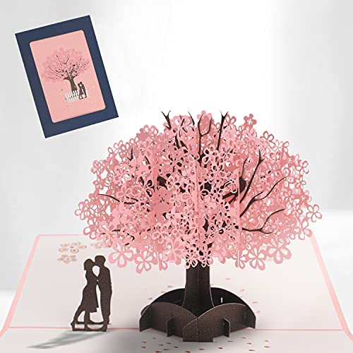 SUNRIZ 3D-Hochzeitskarte, Pop-Up-3D-Hochzeitsgeschenk mit Umschlag, Geburtstagskarte, rosa Kirschblüten, Valentinstagskarte, Karte für Hochzeitstag, Valentinstag