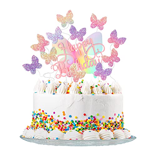 SOSPIRO 11 Stück Schmetterlinge Tortendeko Cake Topper Glitter Happy Birthday Kuchendeckel für Mädchen Frauen Kuchendekoration (11 Stück)