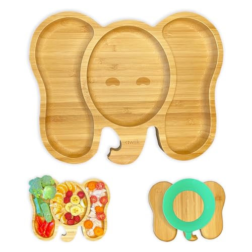 AWIIK - Bamboo Teller mit starkem Saugnapf für Babys und Kleinkinder | BLW Teller aus rutschfestem Bambus mit Saugnapf | Kippschutz zum Essen lernen, BLW (Elephant)
