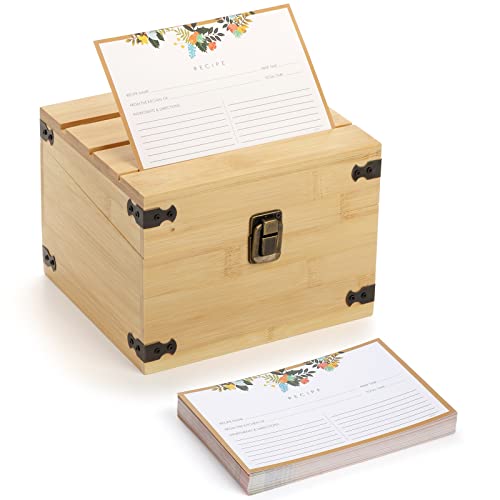 YOUEON Rezeptbox Holz mit 3 Kartenrillen und 100 Rezeptkarten Rezeptkiste für die Aufbewahrung Ihrer Rezepte Rezeptbox mit Ausfüllkarten Rezept Halter Karte Box Geschenk für Küche 18x16x13,5cm