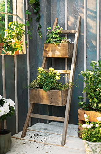 Pflanzleiter Rustikal aus recyceltem Holz, 110 cm hoch, mit 2 Pflanzkästen, Balkon & Gartendeko für Draußen, Blumenkasten, Hochbeet