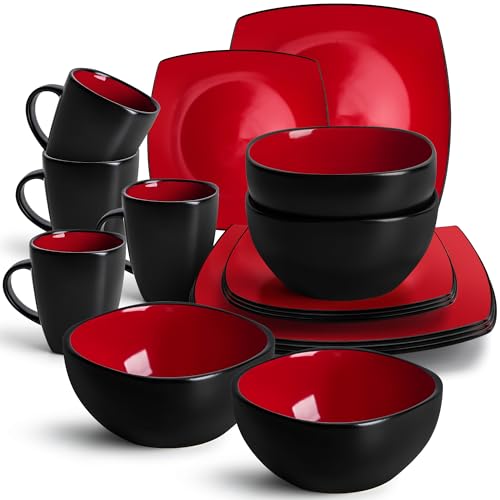 MIAMIO - Geschirrset 16 teilig Tafelservice (4 Schüsseln, 4 Kaffeetassen, 4 Große Teller, 4 Kleine Teller) - Marsili Kollektion (Rot)