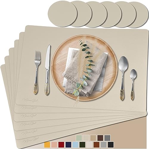 Mahewa® 6er Set Premium Tischset aus Leder-Imitat - Kunstleder Platzset abwaschbar und wasserdicht - Platzdeckchen Telleruntersetzer in Lederoptik Cremebeige