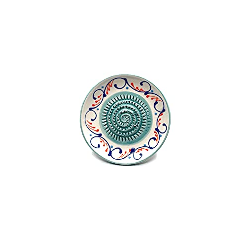 Kaladia - Reibeteller/Keramikhobel - ideal für Ingwer, Parmesan etc. - Motiv: Weiß/Türkis - Durchmesser: 12 cm - handgemacht & handbemalt - Made in Spain