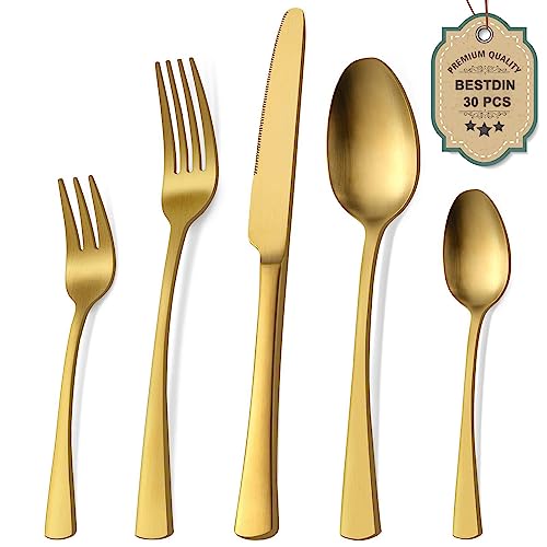 Bestdin Besteck Set 6 Personen, 30 teilig Edelstahl Besteckset Matt Gold Essbesteck Set mit Messer Gabel Löffel, Hochwertiges Edelstahlbesteck, Spülmaschinenfest.