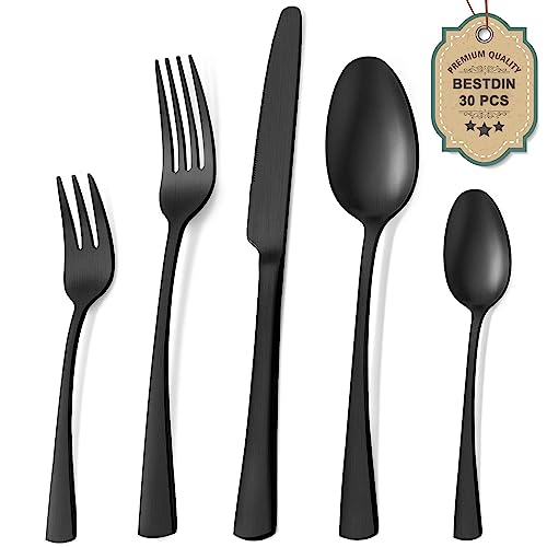 Bestdin Besteck Set 6 Personen, 30 teilig Edelstahl Besteckset Schwarz Matt, Essbesteck Set mit Messer Gabel Löffel, Hochwertiges Edelstahlbesteck, Spülmaschinenfest.