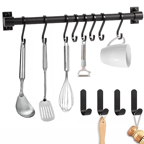 Hakenleiste Küche, Selbstklebende Küchenhakenleiste mit 8 beweglichen Haken, platzsparender Utensilienhalter ohne Bohren Wand-Zubehöraufhänger für Küche Badezimmer Schlafzimmer (schwarz)
