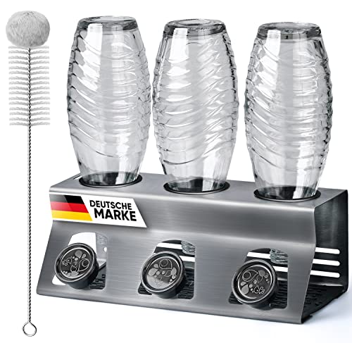 Loco Bird Flaschenhalter für SodaStream aus Edelstahl - Abtropfhalter für Soda Stream Crystal, Easy, Fuse, Emil Flaschen - Abtropfgestell für 3 Flaschen mit Flaschenbürste und Abtropfmatte