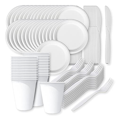 EcoPlate Pro: Das Nachhaltige Grillgeschirr-Set, Umweltfreundliches Einweggeschirr-Set aus Bagasse, kompostierbar und plastikfrei von der Linario, je 25 Gabeln, Messer, Teller und Becher