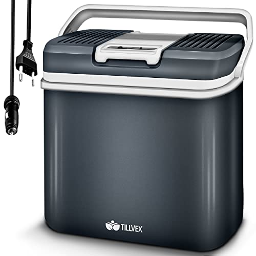 tillvex Kühlbox elektrisch 24L | Mini-Kühlschrank 230 V und 12 V für KFZ Auto Camping | kühlt & wärmt | ECO-Modus (Grau)
