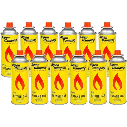 Alpen Camping Butan 12x400ml Gaskartuschen Gasflasche für Gaskocher Campingkocher Bunsenbrenner Lötbrenner 400ml (12)