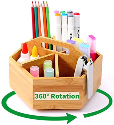 360° Drehbarer Schreibtisch Organizer aus Bambus, Stiftehalter Holz mit Griff, Tisch Organizer, 6 übergroße Fächer als Büro Organizer, Make up Organizer, Stiftehalter Kinder (Fasst 400+ Bleistifte)