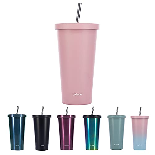LoFone Isolierter Thermobecher mit Strohhalm, 500ml Doppelwandiger Thermobecher, Edelstahl-Kaffeetasse für eisige oder heiße Getränke (Pink)
