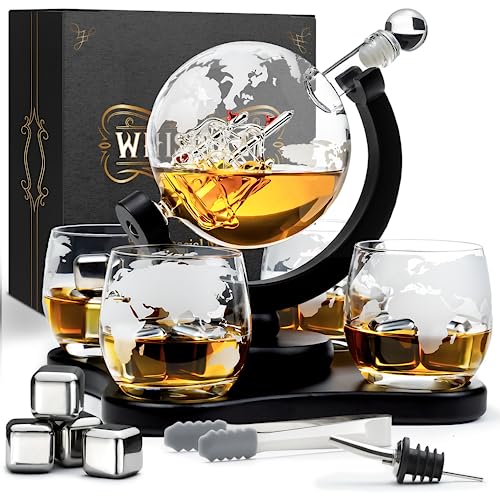 Whisiskey - Whisky Karaffe - Globus - Dekanter - Whiskey Set - 900ML - Geschenke für Männer - Männergeschenke - Inkl. 4 Whisky Steine, Ausgießer & 4 Whisky Gläser