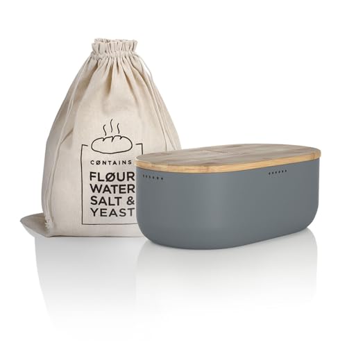 LARS NYSØM Brotkasten I Brotbox aus Metall mit Brotsack aus Leinen für langanhaltende Frische I Brotdose mit hochwertigem Bambusdeckel verwendbar als Schneidebrett I 36x19x13cm (Pure White)