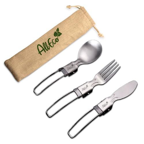 AllEco® Edelstahl Campingbesteck für unterwegs + GRATIS Beutel Outdoor faltbares Klappbesteck Besteck klappbar Camping besteck Set to Go Besteckset nachhaltige Produkte Zero Waste Geschenkidee