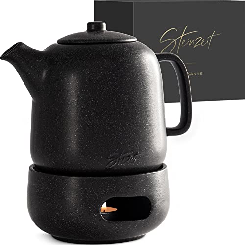 STEINZEIT Design Teekanne mit Stövchen (1,3L) – mit Siebeinsatz aus rostfreiem 304 Edelstahl – Keramik mit einzigartiger Glasur mit Sieb herausnehmbar , schwarz