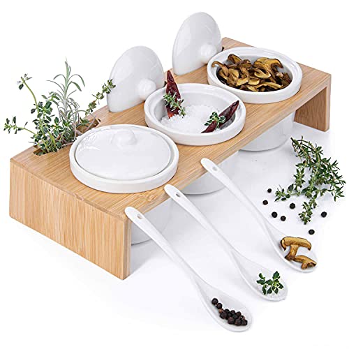 Dip-Schälchen Servierschalen Set aus Porzellan-Schalen mit Löffeln und Deckeln; 3 Schälchen im Servier-Tablett & Servierbrett-chen als Gewürzbehälter für Snacks, Öle, Salz, Gewürze, Chili & Dressing